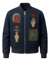 Embroidered bomber jacket with surrealist patch designs and ribbed cuffs