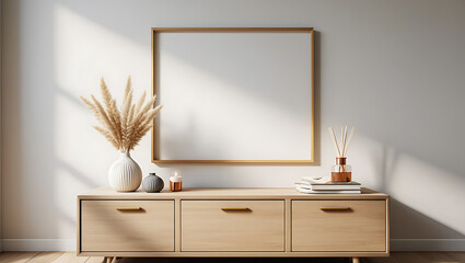 Minimalist interior with pampas grass reed diffuser and candle vase wooden cabinet