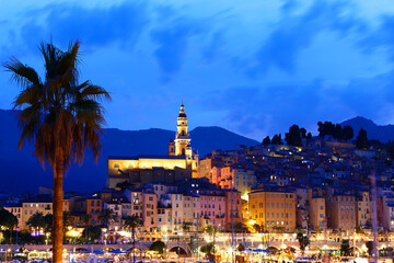 Obraz premium The night view of colorful Old town and Old Port Of Menton, French Riviera, France