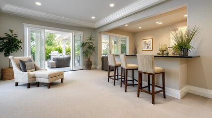 Cozy Living Room with Carpet and Bar Stools in Soft Lighting