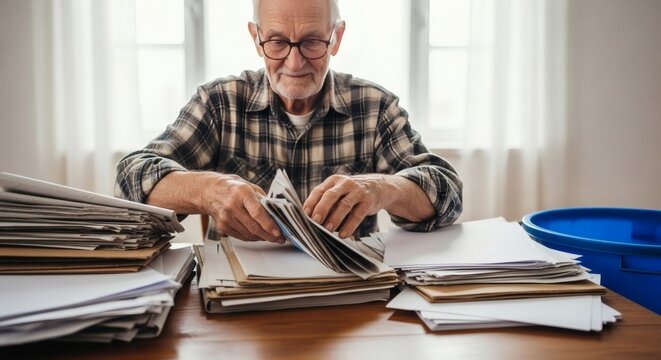 Senior man sorts through stacks of papers on a wooden table, possibly organizing or decluttering documents at home with a focus.