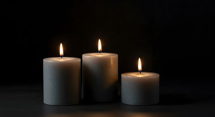 Warm glow of three lit candles creates serene ambiance and peaceful mood on dark background