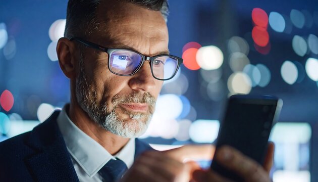 A mature businessman intently examines a smartphone screen under soft, night-time illumination. - Powered by Adobe