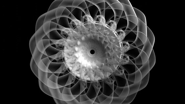 3d video loop animation abstract black and white art of surreal turbine engine or blossom symmetry alien flower with blades in white plastic in spiral pattern with a hole in the centre on black