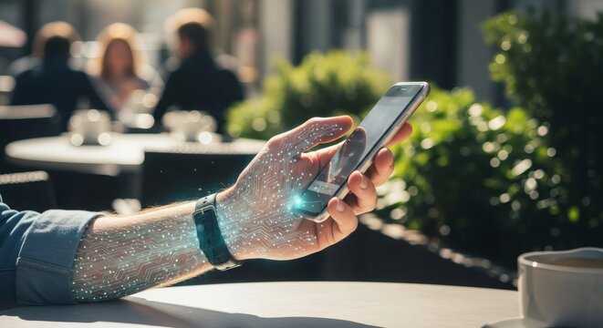 Close-up of a hand holding a smart phone with a digital overlay suggesting augmented reality, outdoors at a table with a coffee cup.