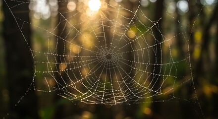 Spiderweb glistening with morning dew hangs suspended in a forest as the sun shines through the trees
