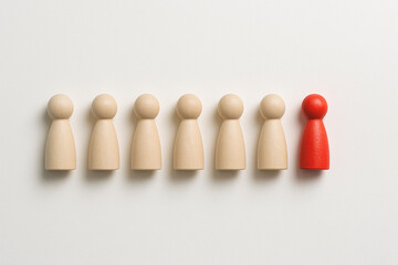 A red pawn at the end of a line of wooden pawns symbolizing leadership progression, guidance, and direction