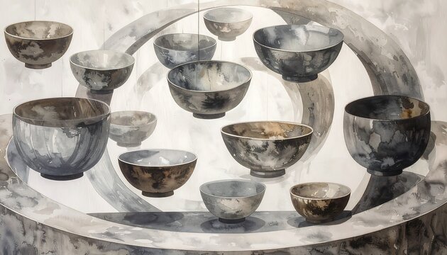 A collection of muted bowls, various shapes and tones, arranged in concentric circles, creating a serene and contemplative visual composition.