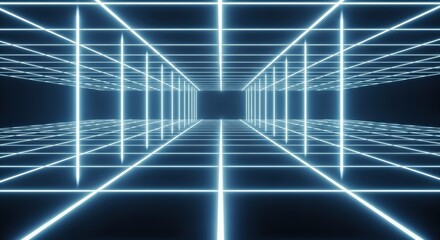 Abstract neon grid tunnel background with perspective view.