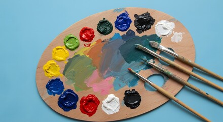 Vibrant artist's palette with colorful paints and brushes, ready for creative expression and masterpiece creation