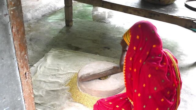 A woman putting whole pulses into stone quern or hand chakki to make dal out of it. Back view.