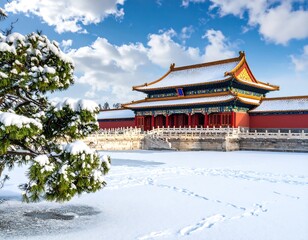 Fototapeta premium Snowy winter scene of a historic palace