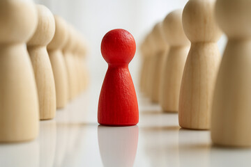 A bold red wooden figure facing a line of pawns representing courage, individuality, and strong leadership in challenging situations
