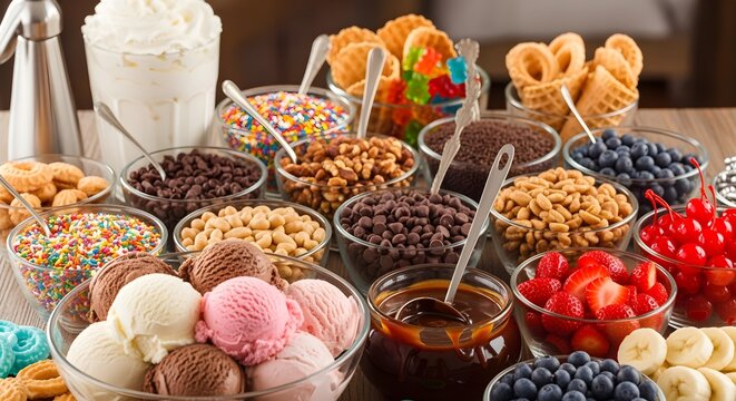 Ice cream sundae bar with assorted toppings.