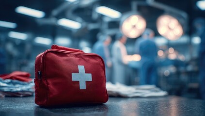 Red first-aid kit on a table in a surgery environment