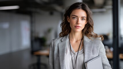 A confident young businesswoman holding a laptop in a modern, blurred office environment. Ideal for themes of business, corporate life, career, and professionalism.