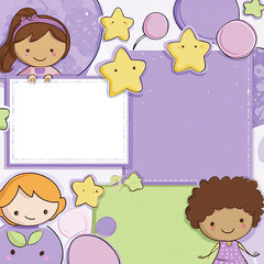  Adorable cartoon-style paper cut frame featuring playful children&rsquo;s characters in soft pastel purple and green tones made with generative AI