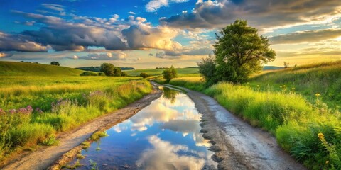 Fototapeta premium Serene Sunset Landscape Featuring a Country Road Reflecting the Sky in a Puddle