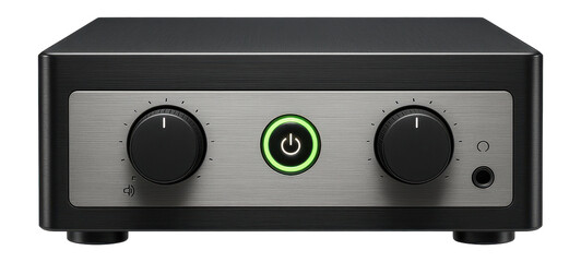 High-power amplifier with dual output channels and illuminated power switch