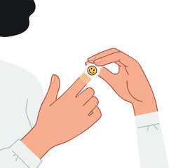 Hands applying smiley face adhesive bandage on finger for wound care and healing illustration 