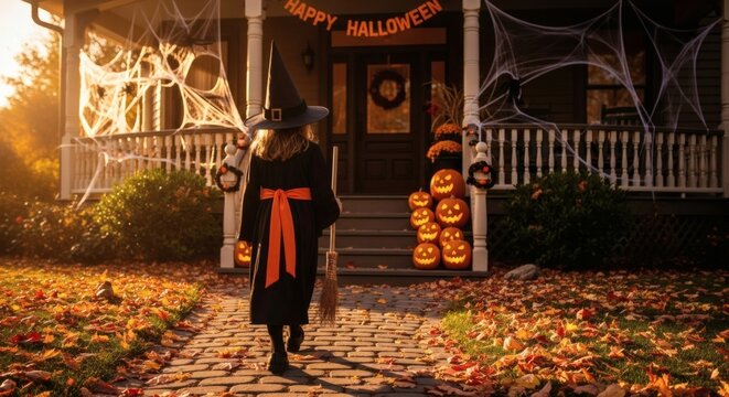 A young trick-or-treater dressed as a witch walks up a leaf-strewn walkway towards a decorated house on Halloween evening.