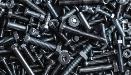 Seamless flat lay pattern of shiny steel bolts and screws hardware industrial equipment forming a textured background
