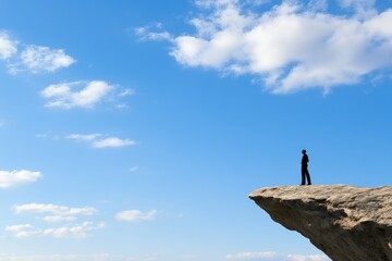 Silhouette of person standing on cliff edge under blue sky freedom and exploration concept