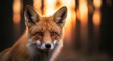 Fototapeta premium Close-up of a red fox at sunset in a forest. Golden light highlights the fox's face and ears. Blurred forest backdrop