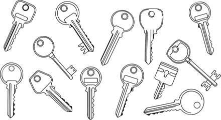 Collection of various house and car keys in outline style on white background drawing