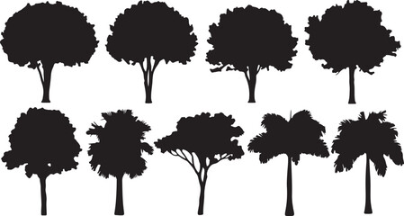 Collection of ten black silhouette tree illustrations with varied foliage and trunks