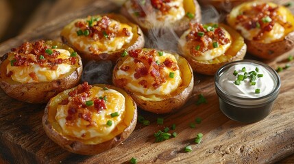 Golden crispy potato skins loaded with melted cheese, bacon bits and fresh chives served with sour cream dip on rustic wooden board, comfort food appetizer