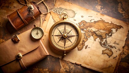Vintage world map with compass, travel case, and leather satchel still life