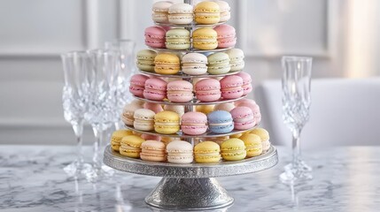 Elegant macaron tower display featuring colorful French pastries on ornate silver tiered stand in upscale restaurant with crystal stemware backdrop