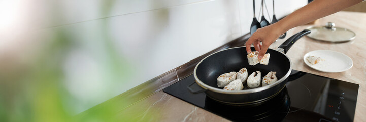 Cooking in Kitchen with Wide Banner and Copy Space