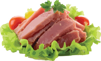 Delicious sliced meat served on lettuce leaves garnished with fresh tomatoes and parsley