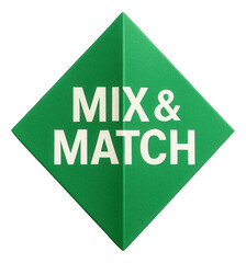 Green diamond sticker with MIX & MATCH offer in bold font, vibrant retail promo sticker on transparent background.