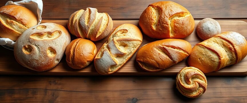 Artisan breads and pastries arranged on a rustic wooden table,  tempting,  food photography