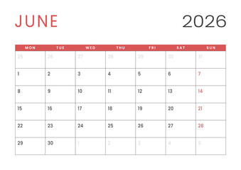 Monthly page Calendar Planner Template design of June 2026. Vector layout of calendar with week start Monday for Scheduling. Page for size A4 or 21x29.7 cm
