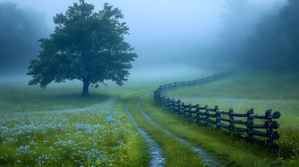 A low, rolling fog creeping over a grassy countryside path with a rustic wooden fence at sunrise, in a tranquil and serene atmosphere