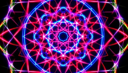 A vibrant, symmetrical design composed of glowing lines and shapes in a kaleidoscopic pattern of red, blue, and pink, creating an intense and captivating visual effect.
