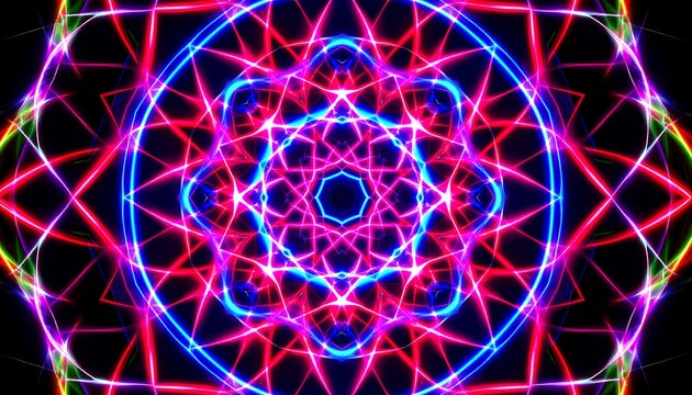 A vibrant, symmetrical design composed of glowing lines and shapes in a kaleidoscopic pattern of red, blue, and pink, creating an intense and captivating visual effect.