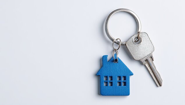 House-shaped keychain with keys on a plain background