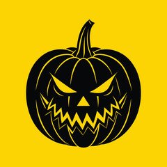 Halloween Pumpkin Vector Silhouette Icon with Evil Face – Creepy Spooky Cute Halloween Decoration Illustration