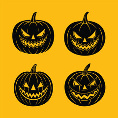 Halloween Pumpkin Vector Silhouette Icon Set – Creepy Spooky Evil Pumpkin Faces for Holiday Decorations