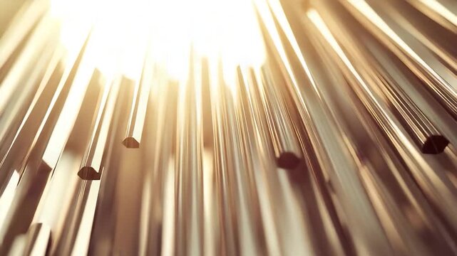 Gleaming Metallic Rods Reflecting Warm Sunlight in Abstract Motion Background