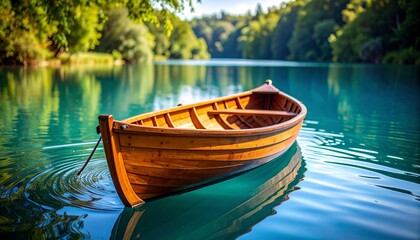 Obraz premium Realistic wooden paddle gently dipping into calm blue lake water, creating soft ripples, natural outdoor lighting, vibrant colors, serene and peaceful atmosphere, high detail, neutral background, maxi