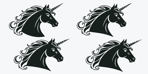 Black unicorn heads vector graphic set mythical creatures silhouette design