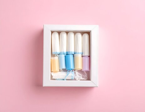 White box with assorted tampons on pink background