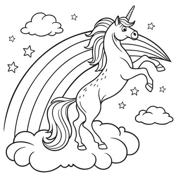Outline drawing of unicorn with rainbow on cloud coloring book page