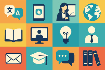 Education and communication icons in a flat multicolor grid design